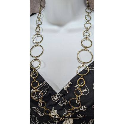 Boho Artisan Hammered Gold Tone Open Circle Link Necklace 28 Inch