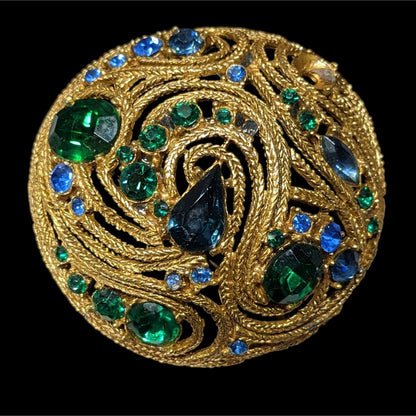 Vintage Glam Gold Tone Brooch With Blue And Green Gems
