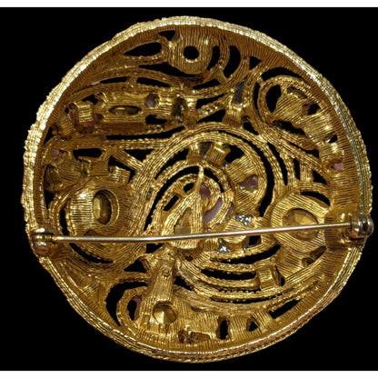 Vintage Glam Gold Tone Brooch With Blue And Green Gems