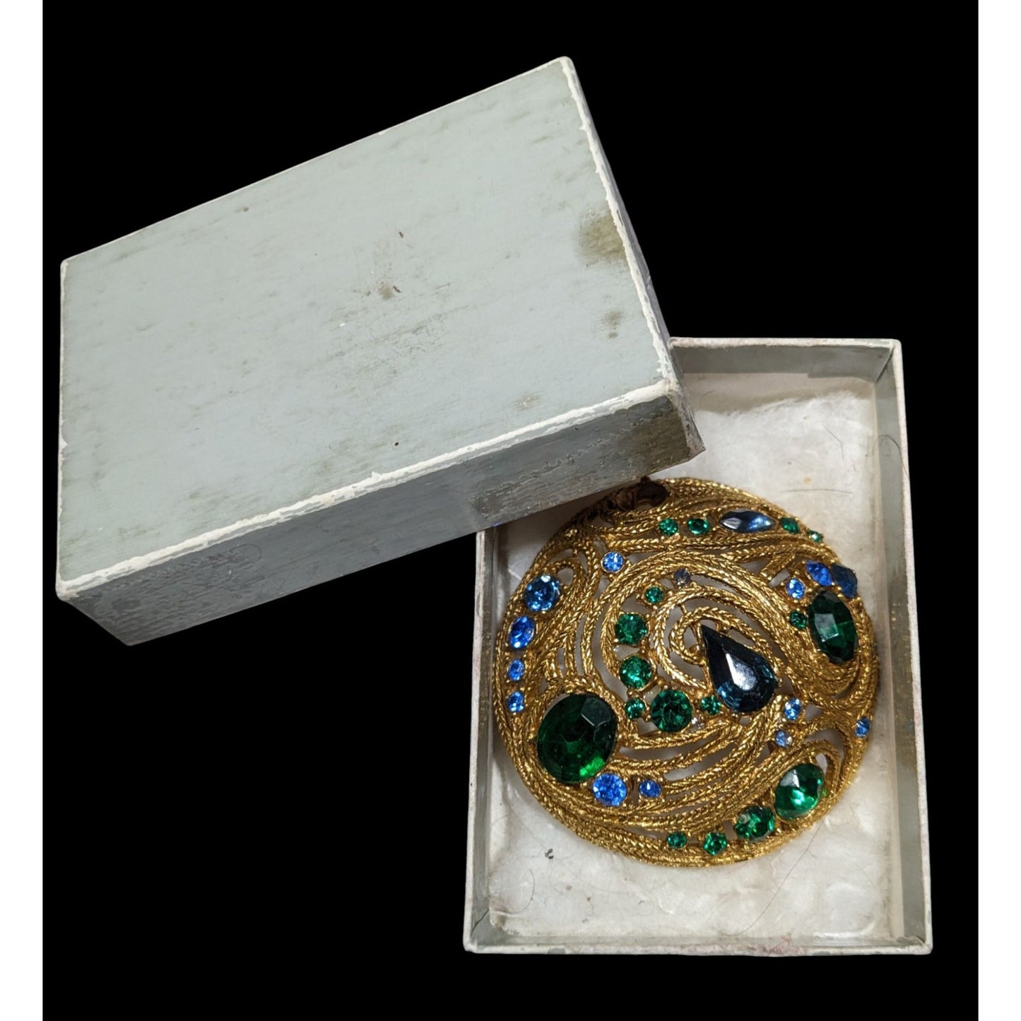 Vintage Glam Gold Tone Brooch With Blue And Green Gems