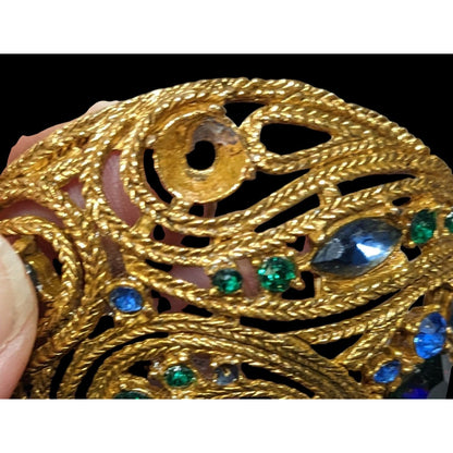 Vintage Glam Gold Tone Brooch With Blue And Green Gems