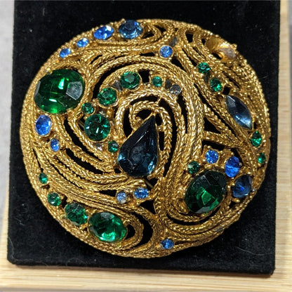Vintage Glam Gold Tone Brooch With Blue And Green Gems