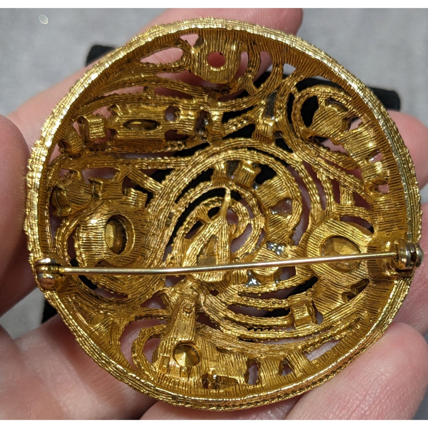 Vintage Glam Gold Tone Brooch With Blue And Green Gems