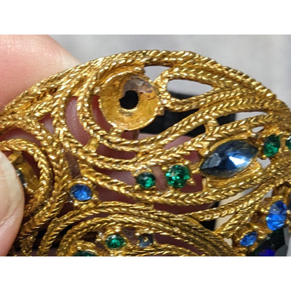Vintage Glam Gold Tone Brooch With Blue And Green Gems