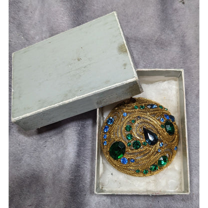 Vintage Glam Gold Tone Brooch With Blue And Green Gems