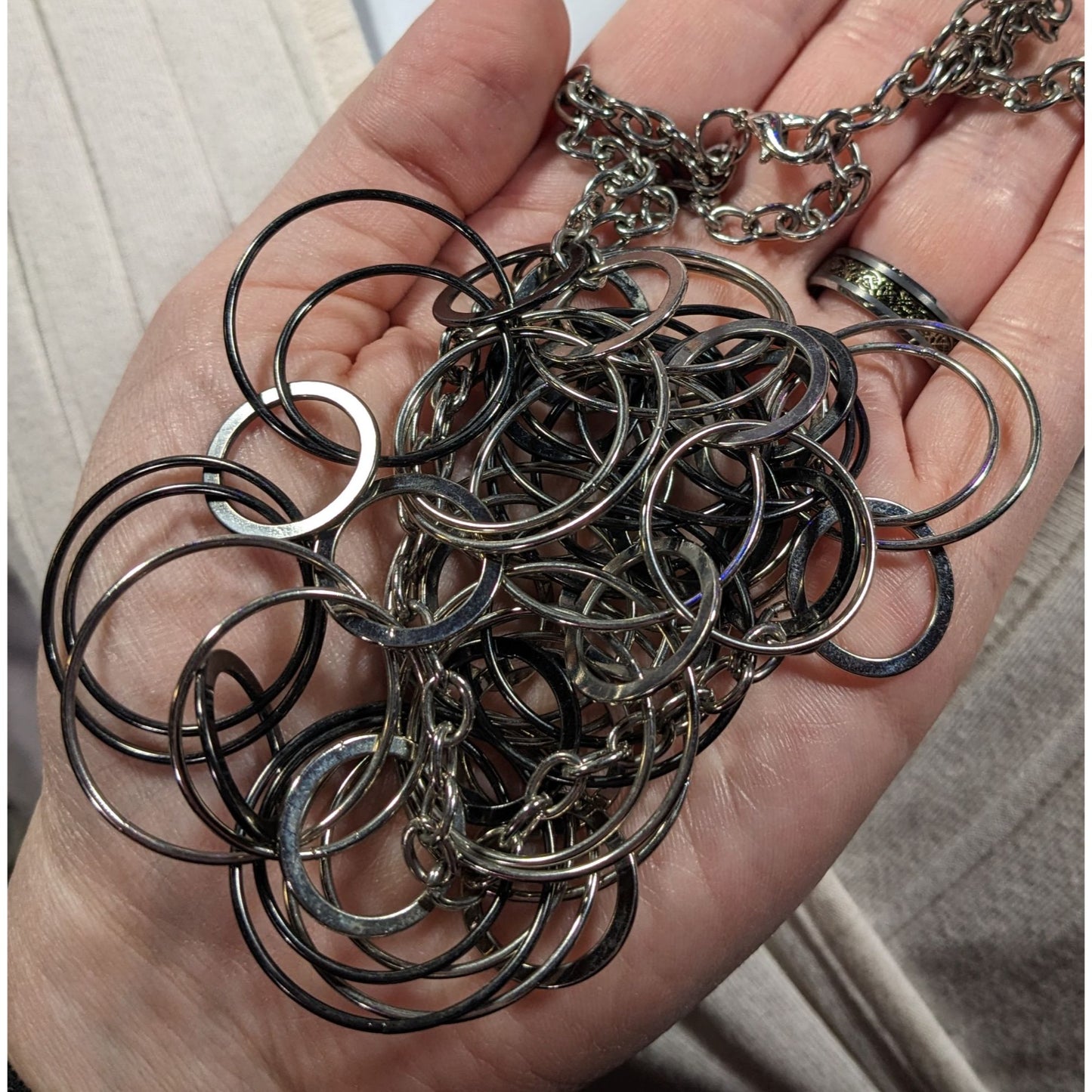 Modern Multilayer Silver Tone Ring Link Necklace