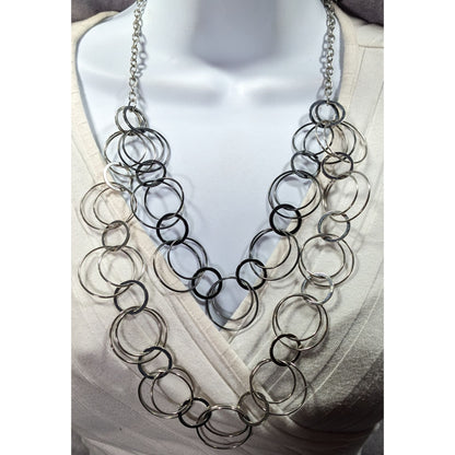 Modern Multilayer Silver Tone Ring Link Necklace