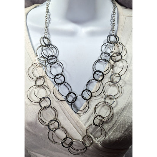 Modern Multilayer Silver Tone Ring Link Necklace