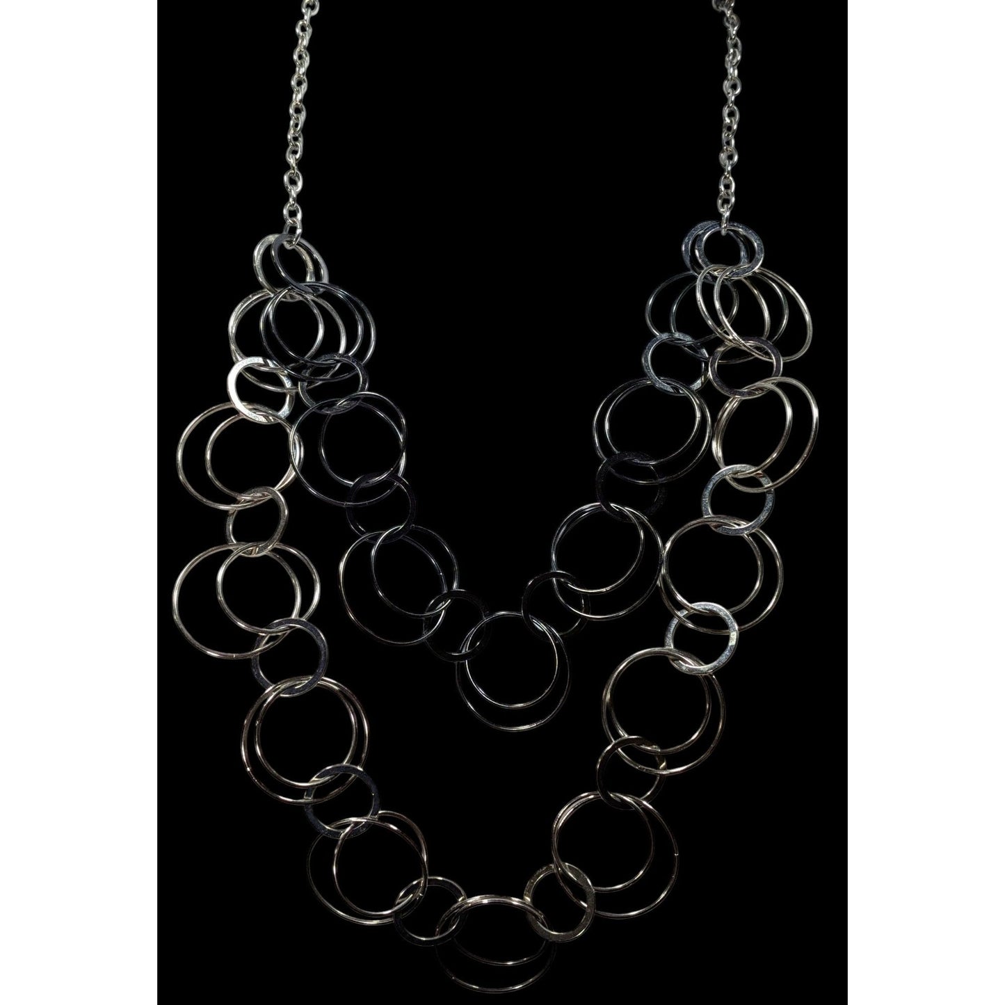 Modern Multilayer Silver Tone Ring Link Necklace