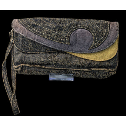 Vintage Jazzd Whimsygoth Witchy Moon Pattern Wristlet Clutch With 9 Inch Strap & Crackle Finish