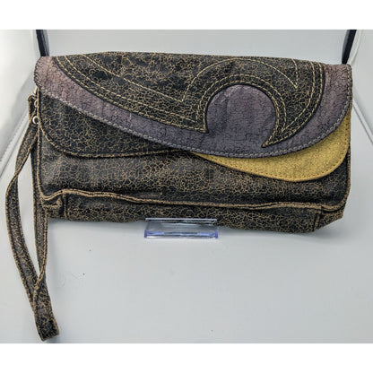 Vintage Jazzd Whimsygoth Witchy Moon Pattern Wristlet Clutch With 9 Inch Strap & Crackle Finish