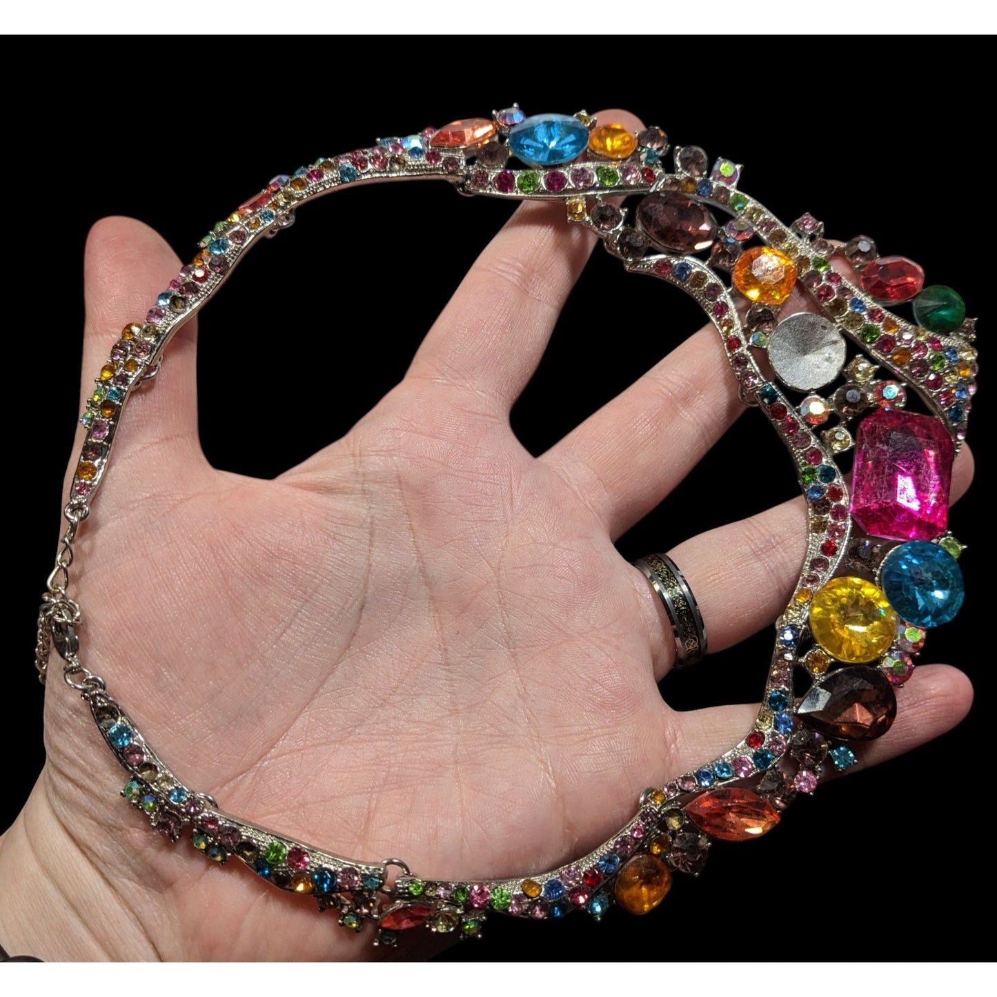 Whimsical Glamorous Rainbow Gemmed Collar Necklace
