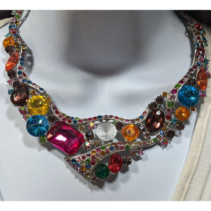 Whimsical Glamorous Rainbow Gemmed Collar Necklace