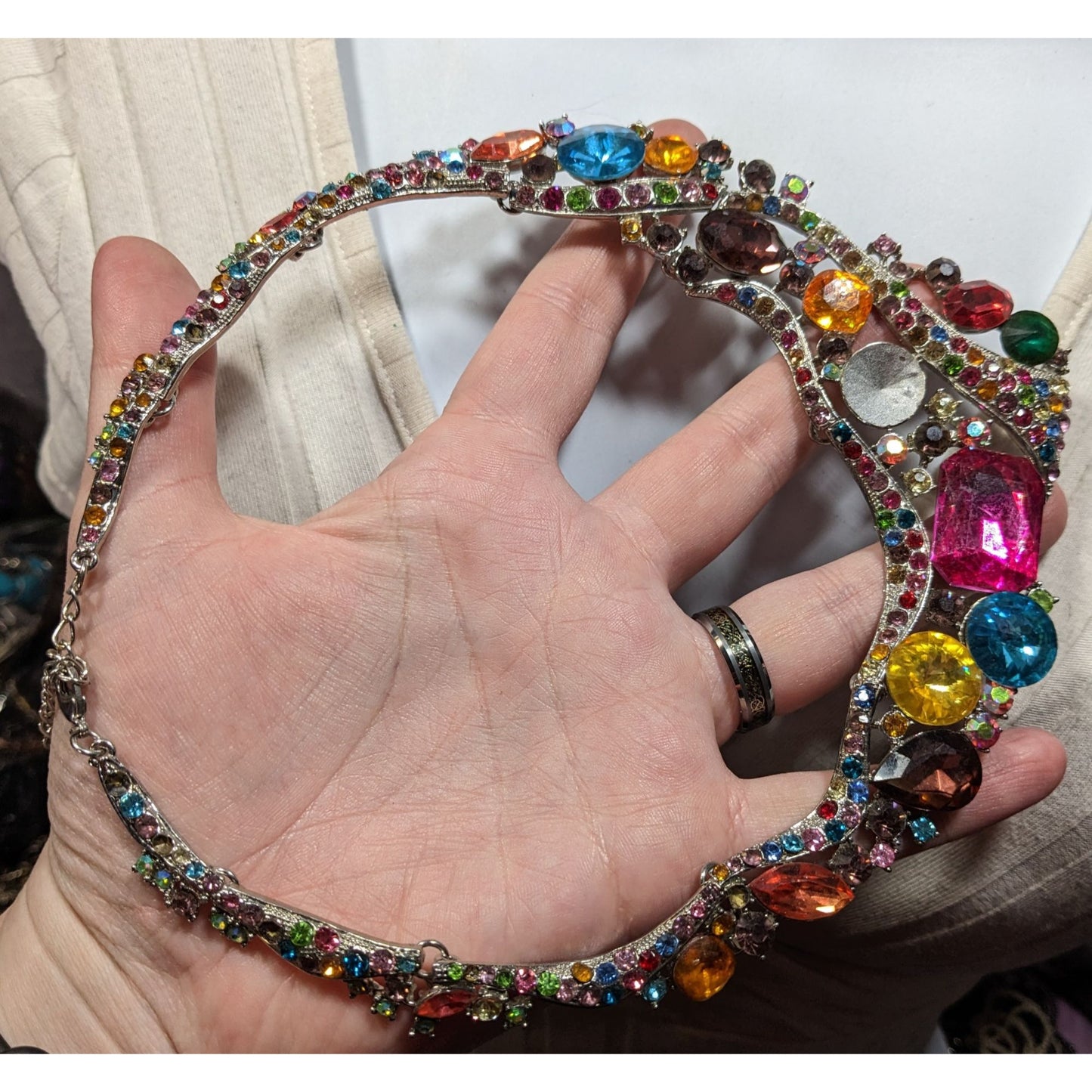 Whimsical Glamorous Rainbow Gemmed Collar Necklace