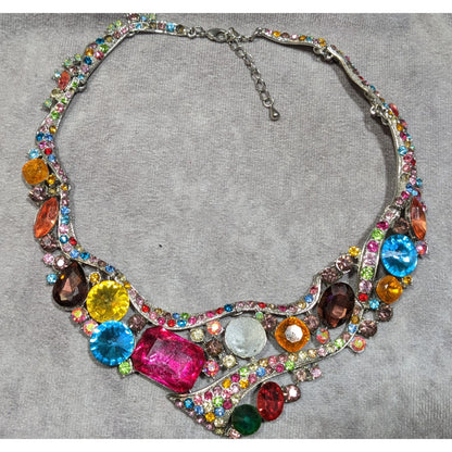 Whimsical Glamorous Rainbow Gemmed Collar Necklace