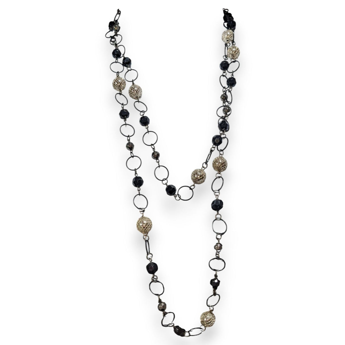 Gothic Glam Black Silver Tone Disco Ball Chain Link Necklace 54 Inch
