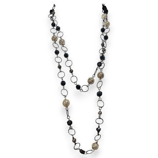 Gothic Glam Black Silver Tone Disco Ball Chain Link Necklace 54 Inch