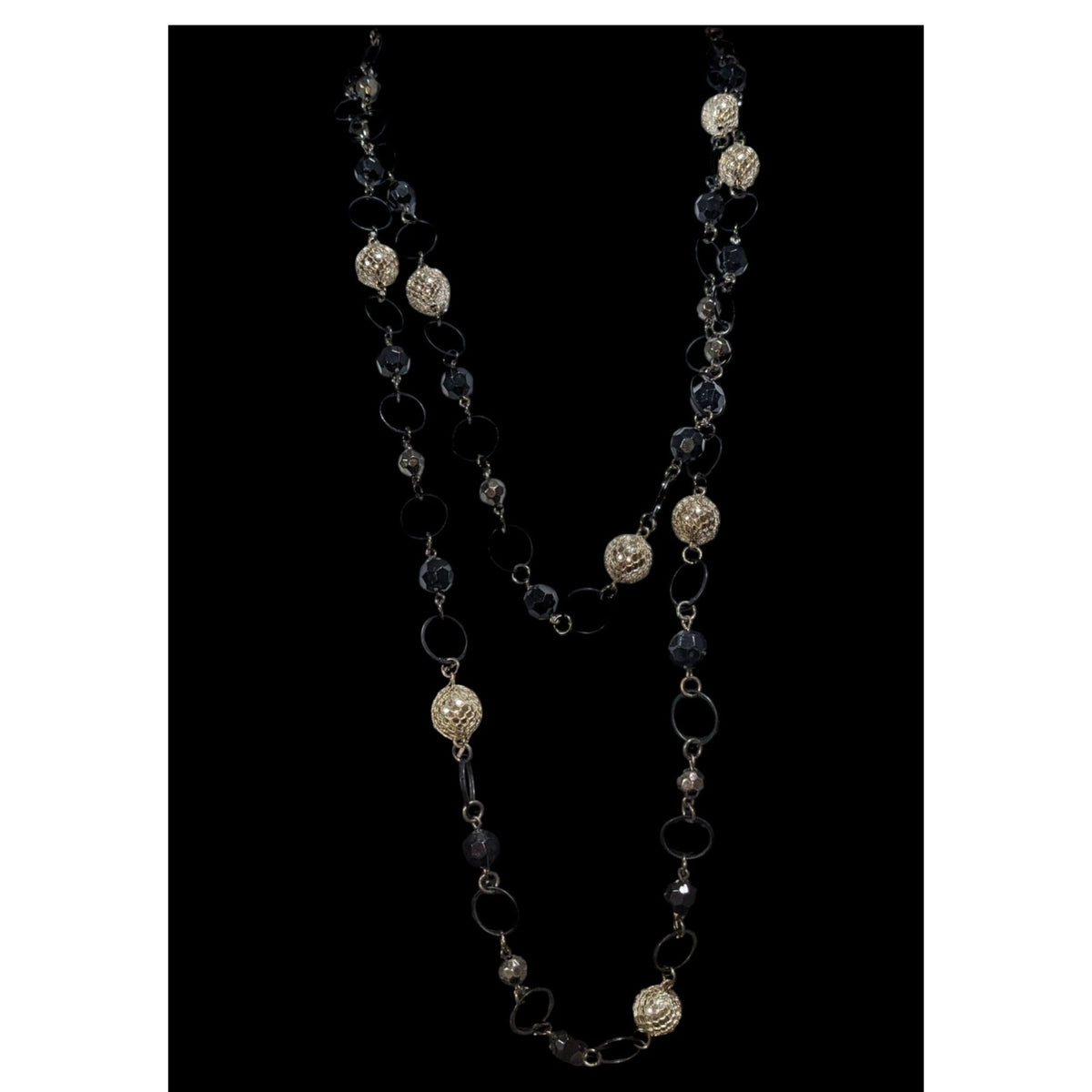 Gothic Glam Black Silver Tone Disco Ball Chain Link Necklace 54 Inch