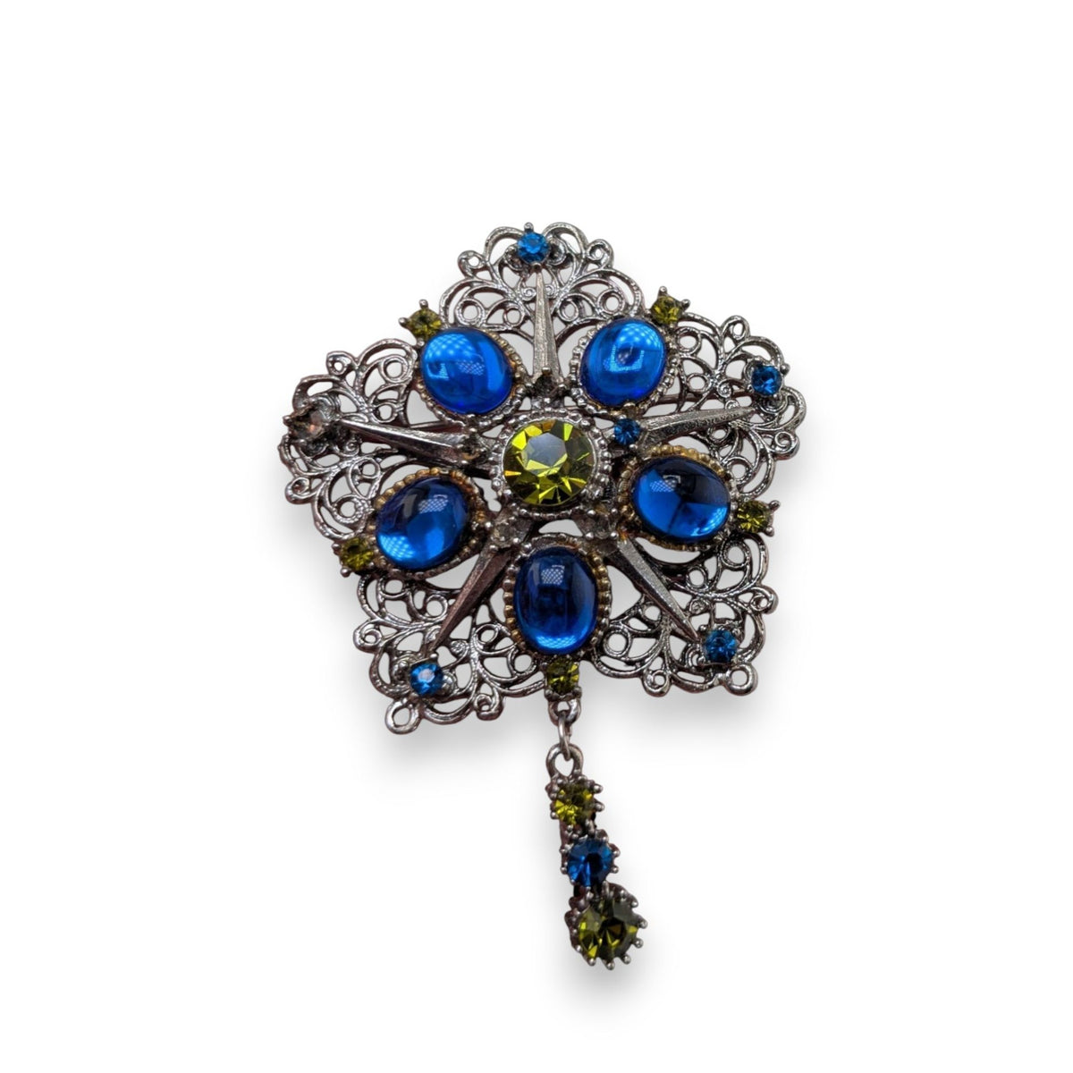 Vintage Art Deco Czech Glass Blue Green Silver Tone Filigree Brooch 3 Inch