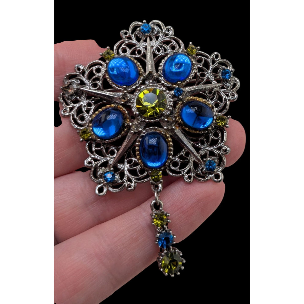 Vintage Art Deco Czech Glass Blue Green Silver Tone Filigree Brooch 3 Inch
