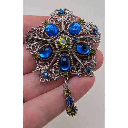 Vintage Art Deco Czech Glass Blue Green Silver Tone Filigree Brooch 3 Inch