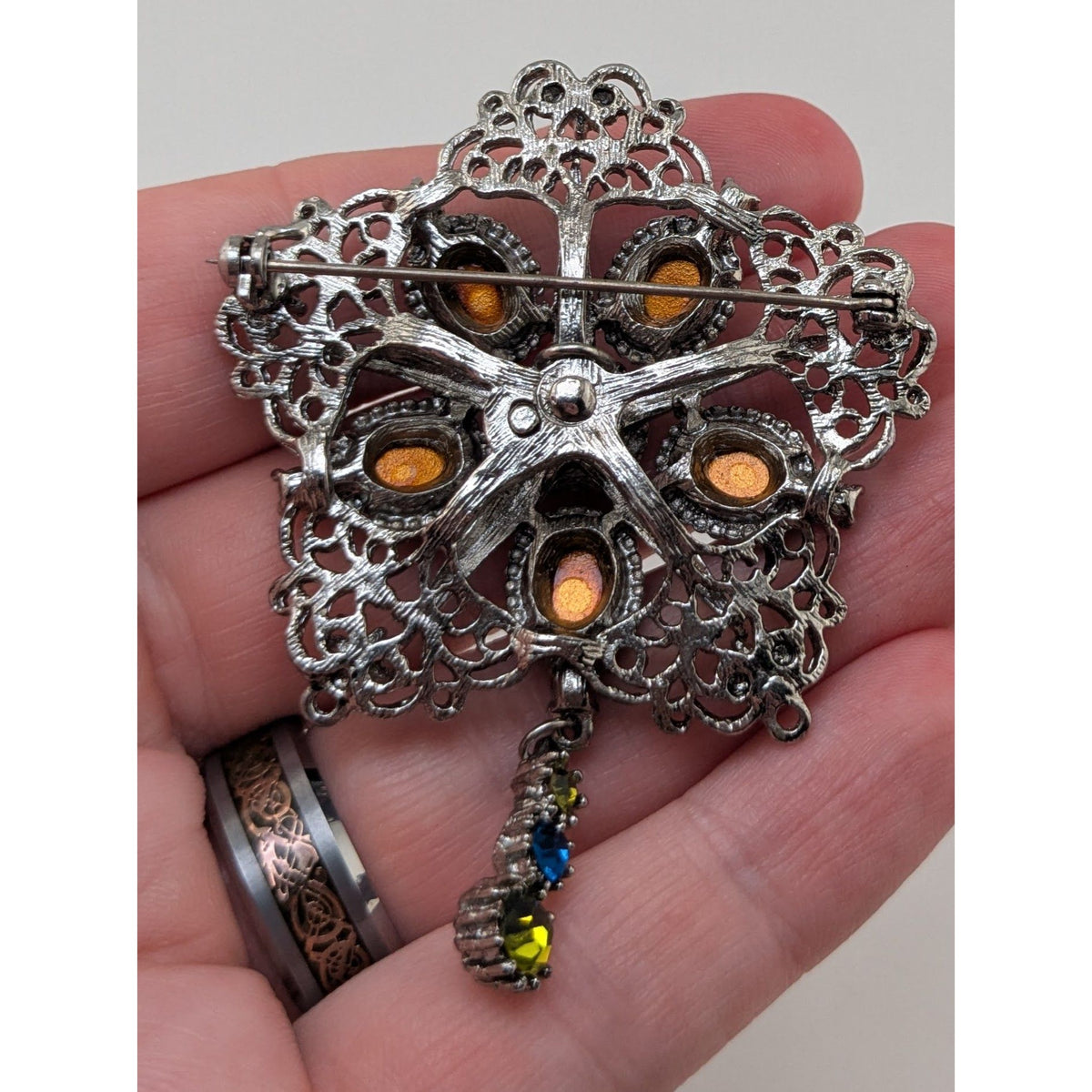 Vintage Art Deco Czech Glass Blue Green Silver Tone Filigree Brooch 3 Inch