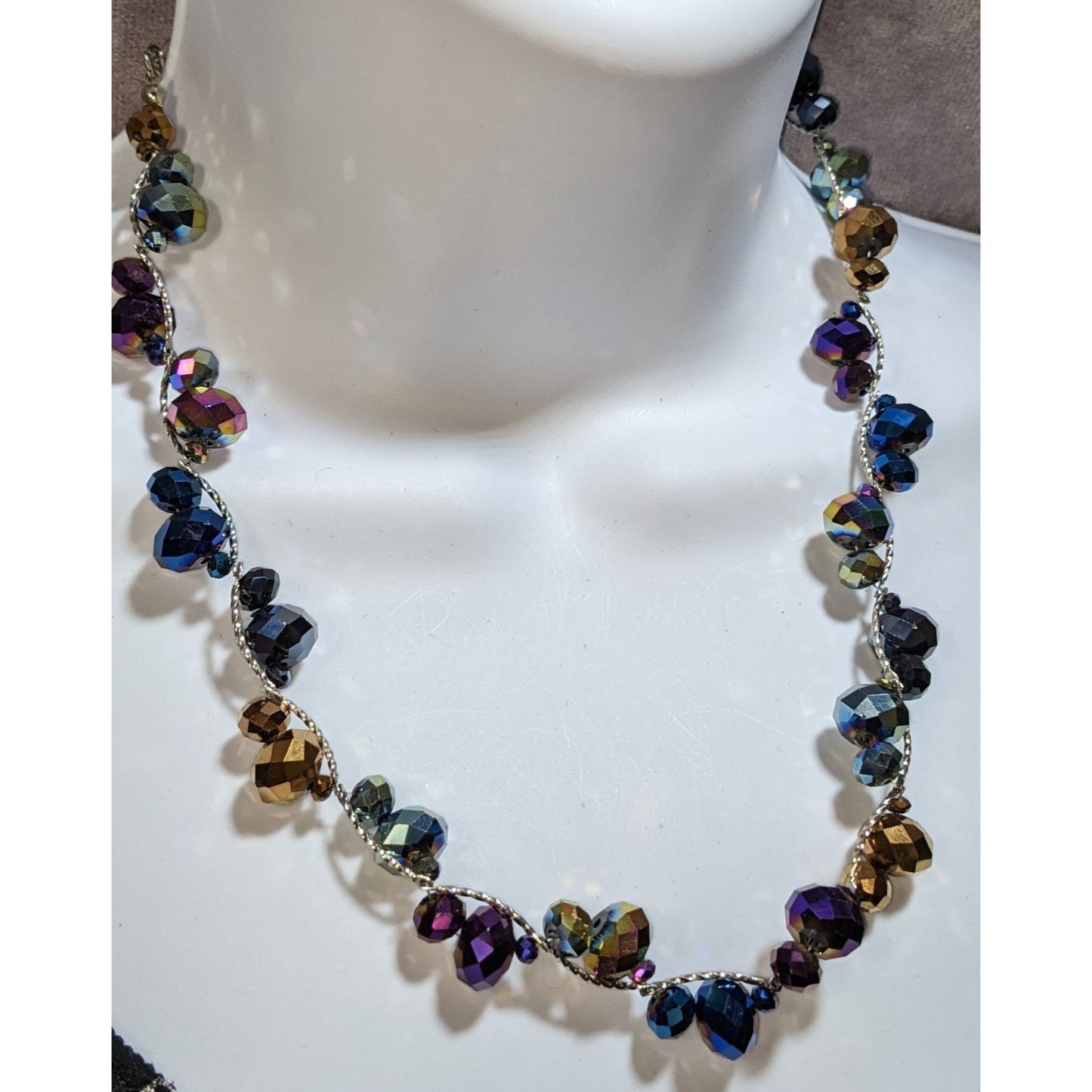Iridescent Glass Beaded Necklace Rainbow Crystal Silver Tone Statement Jewelry