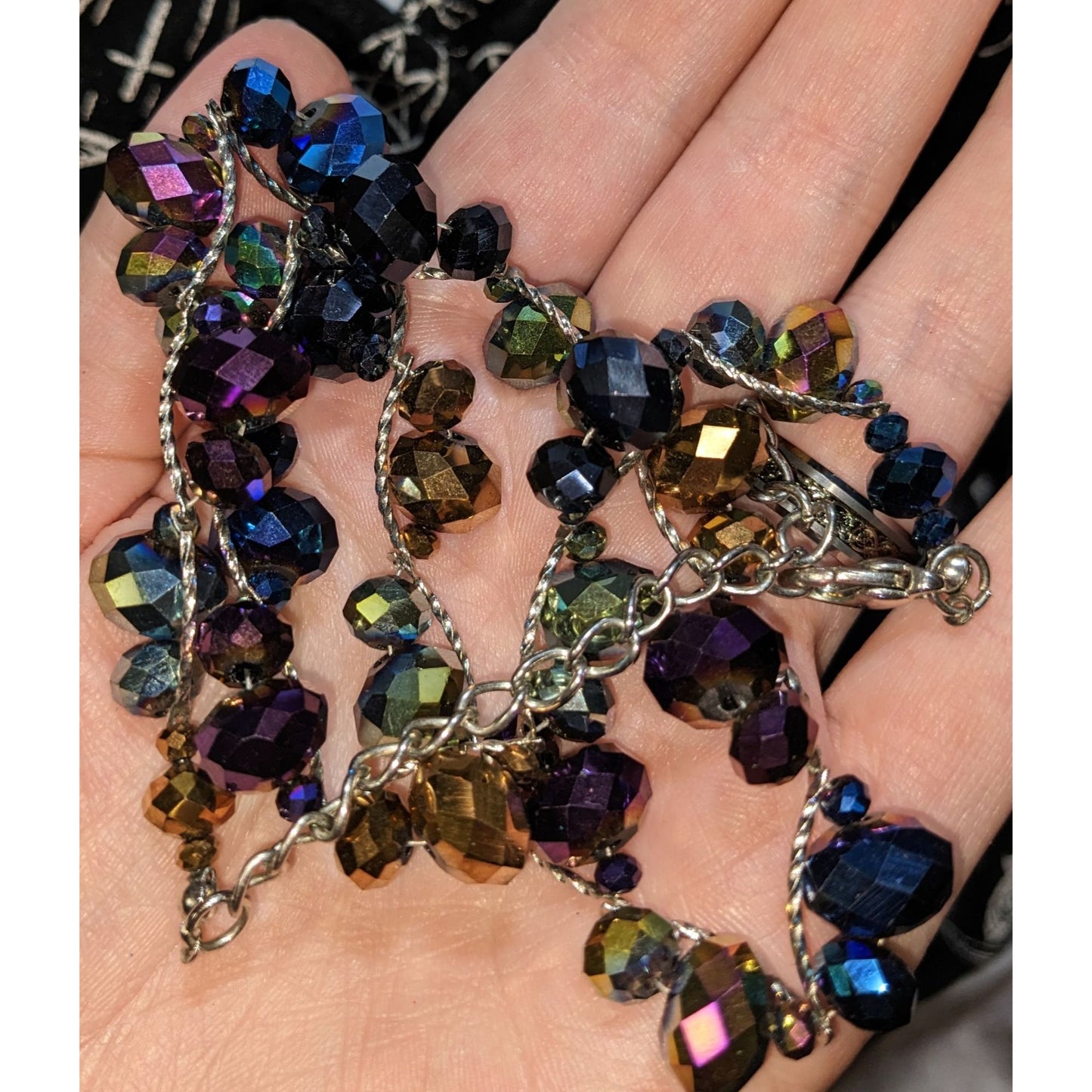 Iridescent Glass Beaded Necklace Rainbow Crystal Silver Tone Statement Jewelry