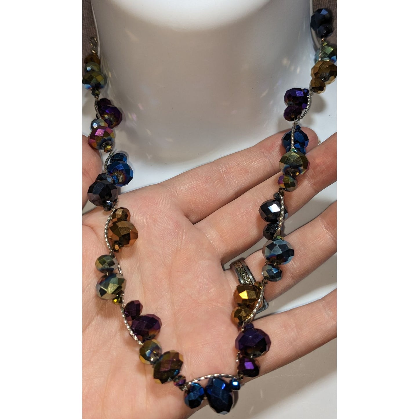 Iridescent Glass Beaded Necklace Rainbow Crystal Silver Tone Statement Jewelry