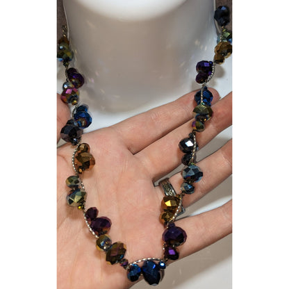 Iridescent Glass Beaded Necklace Rainbow Crystal Silver Tone Statement Jewelry
