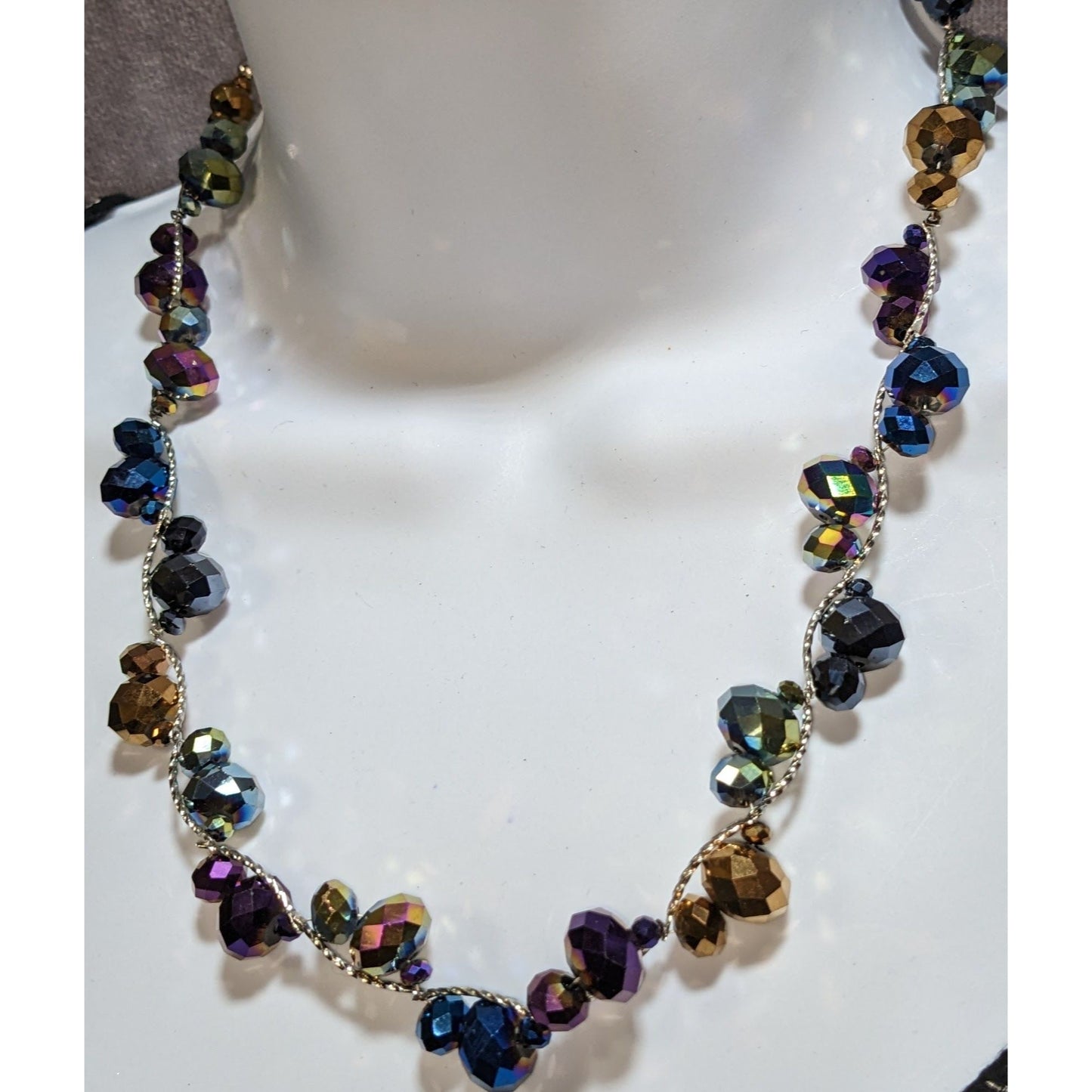 Iridescent Glass Beaded Necklace Rainbow Crystal Silver Tone Statement Jewelry