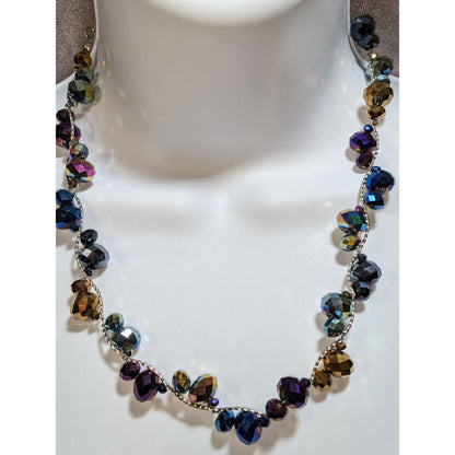 Iridescent Glass Beaded Necklace Rainbow Crystal Silver Tone Statement Jewelry