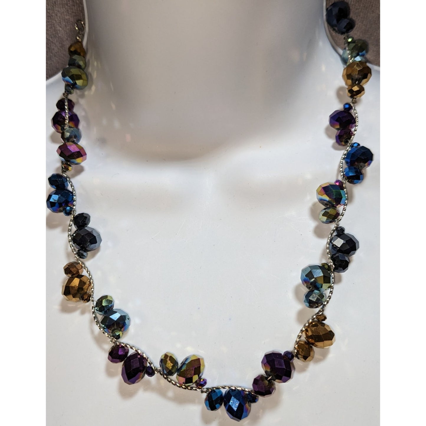 Iridescent Glass Beaded Necklace Rainbow Crystal Silver Tone Statement Jewelry