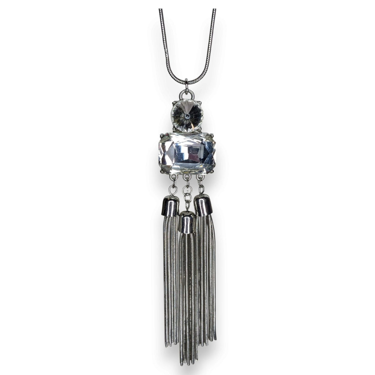 Jennifer Lopez Y2K Glam Silver Tone Crystal Statement Tassel Necklace 30 Inch