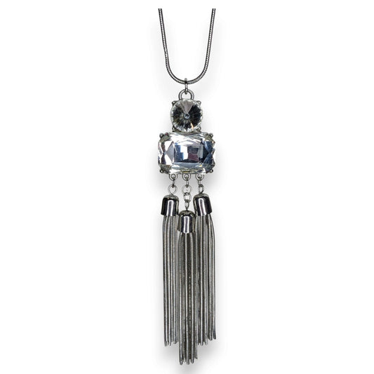 Jennifer Lopez Y2K Glam Silver Tone Crystal Statement Tassel Necklace 30 Inch