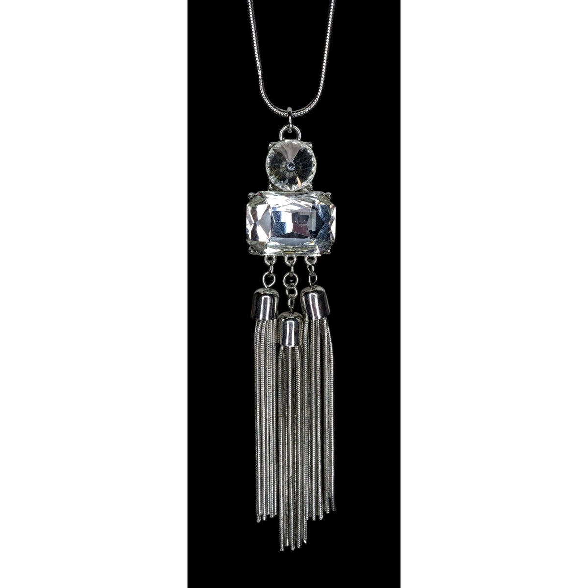 Jennifer Lopez Y2K Glam Silver Tone Crystal Statement Tassel Necklace 30 Inch