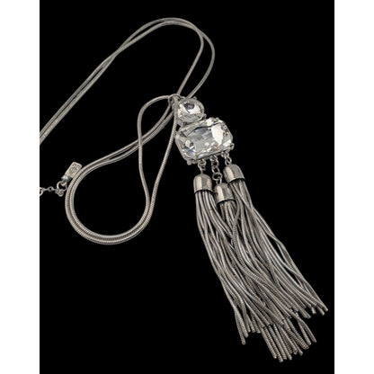 Jennifer Lopez Y2K Glam Silver Tone Crystal Statement Tassel Necklace 30 Inch