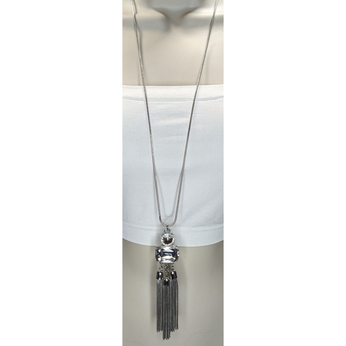 Jennifer Lopez Y2K Glam Silver Tone Crystal Statement Tassel Necklace 30 Inch