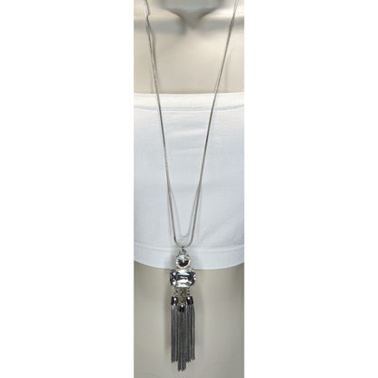 Jennifer Lopez Y2K Glam Silver Tone Crystal Statement Tassel Necklace 30 Inch