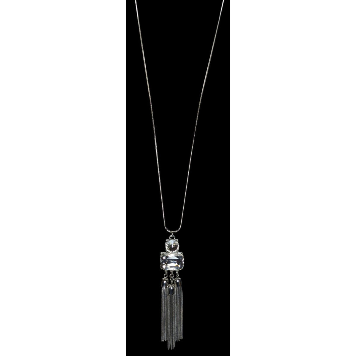 Jennifer Lopez Y2K Glam Silver Tone Crystal Statement Tassel Necklace 30 Inch
