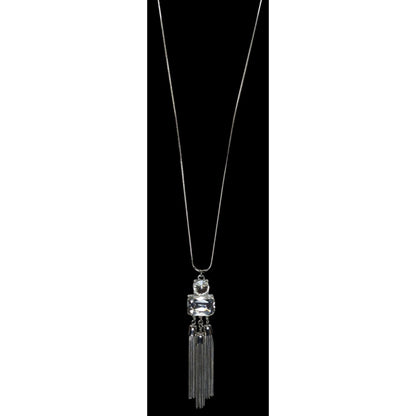 Jennifer Lopez Y2K Glam Silver Tone Crystal Statement Tassel Necklace 30 Inch