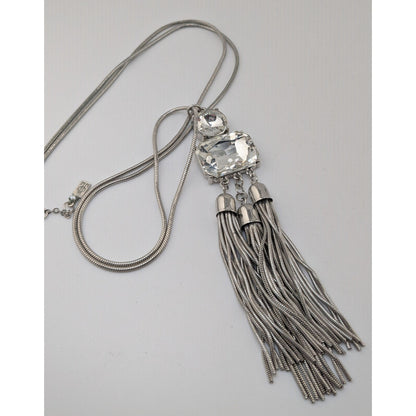 Jennifer Lopez Y2K Glam Silver Tone Crystal Statement Tassel Necklace 30 Inch