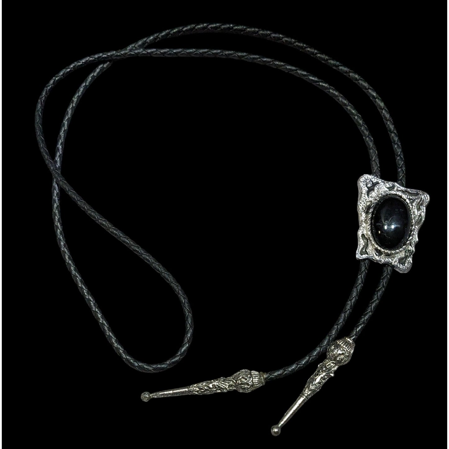 Vintage Western Bolo Tie Black Faux Leather And Onyx Made In USA