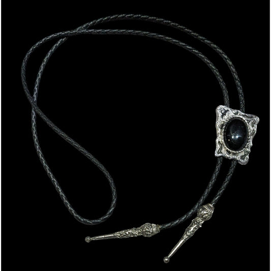 Vintage Western Bolo Tie Black Faux Leather And Onyx Made In USA