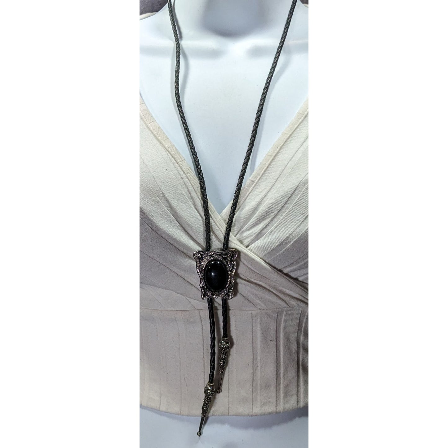 Vintage Western Bolo Tie Black Faux Leather And Onyx Made In USA