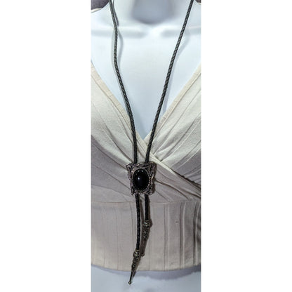 Vintage Western Bolo Tie Black Faux Leather And Onyx Made In USA