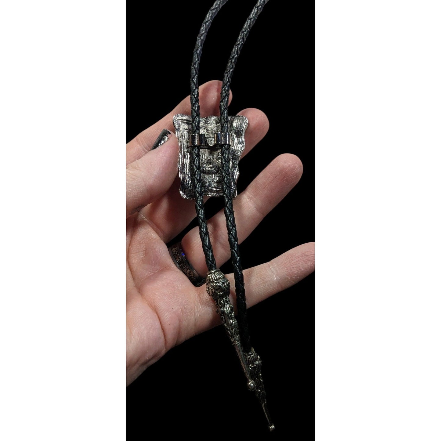 Vintage Western Bolo Tie Black Faux Leather And Onyx Made In USA