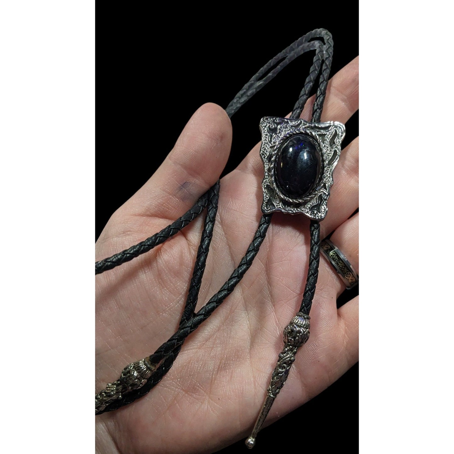 Vintage Western Bolo Tie Black Faux Leather And Onyx Made In USA