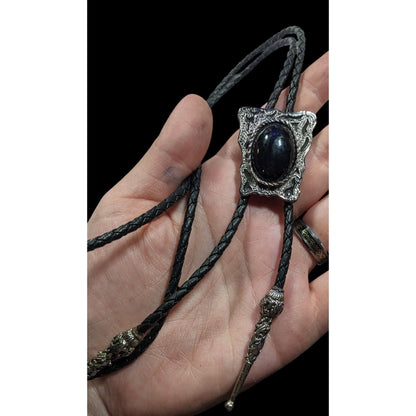 Vintage Western Bolo Tie Black Faux Leather And Onyx Made In USA