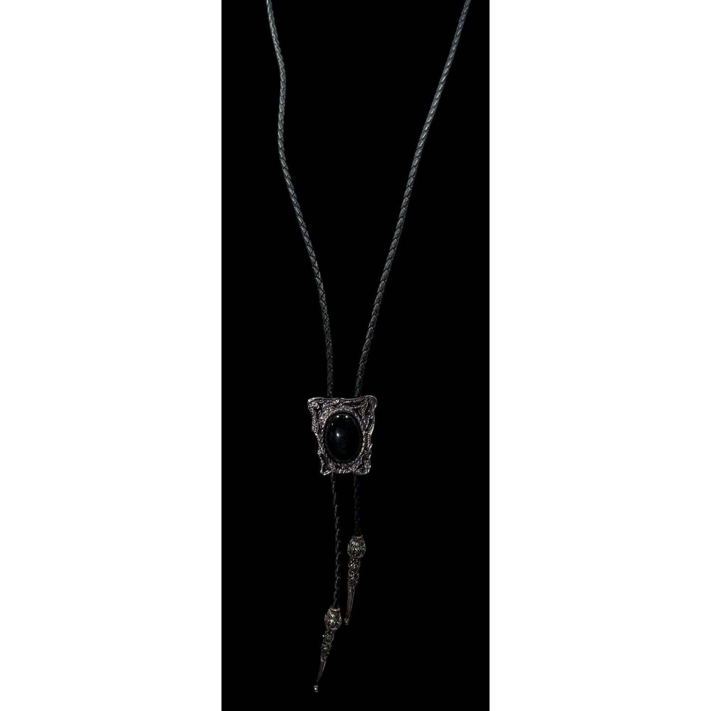 Vintage Western Bolo Tie Black Faux Leather And Onyx Made In USA